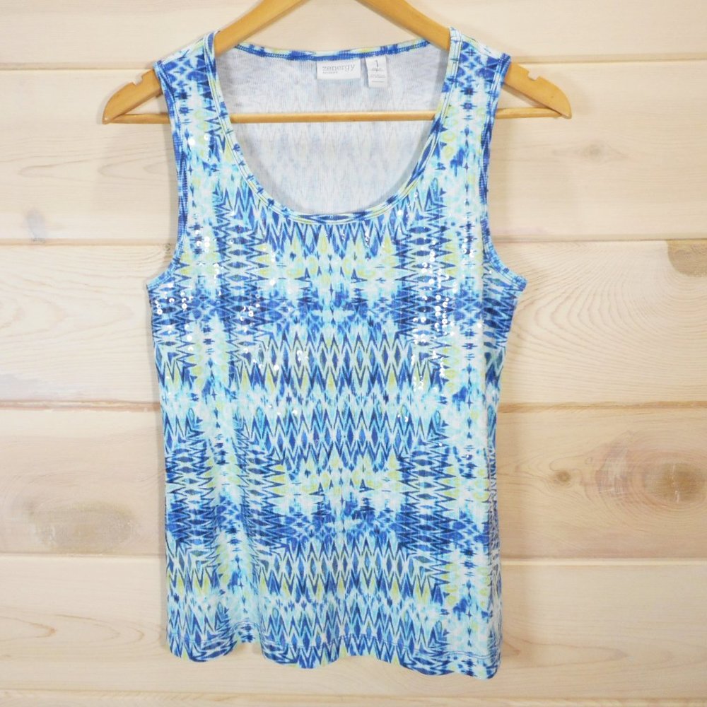 Chicos Zenergy Sz 1 Womens M Top Sleeveless Sequined Front Ribbed Blue